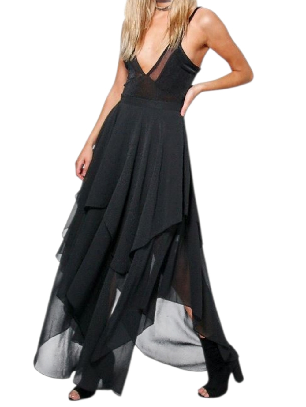 NEW Black Chiffon Flowy Hi Lo Maxi Skirt Size 6